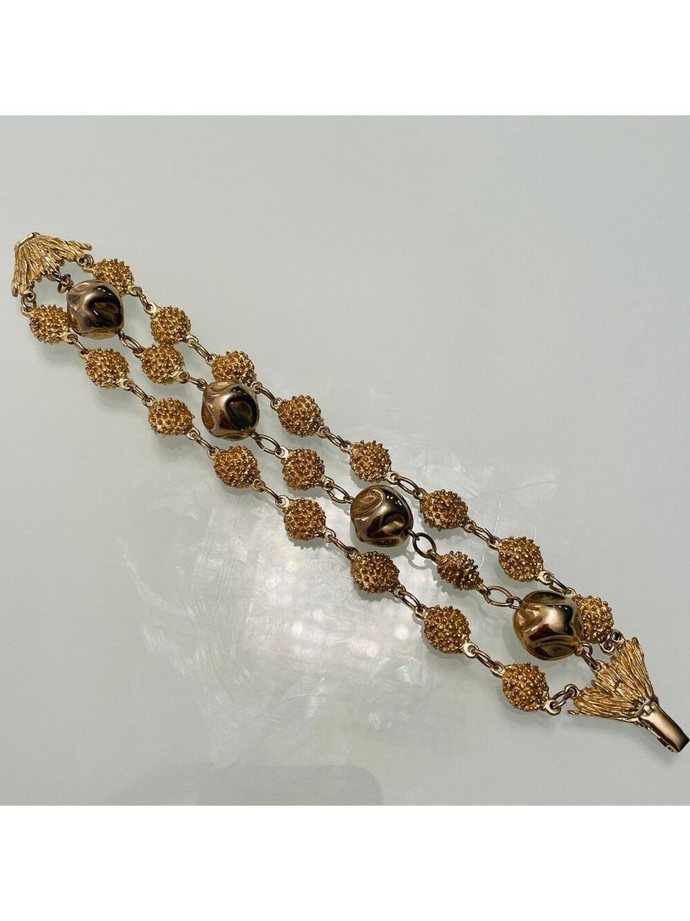 Vintage Unsigned Textured Ball Beads Multi Strand Bead Chain Gold Tone Bracelet
